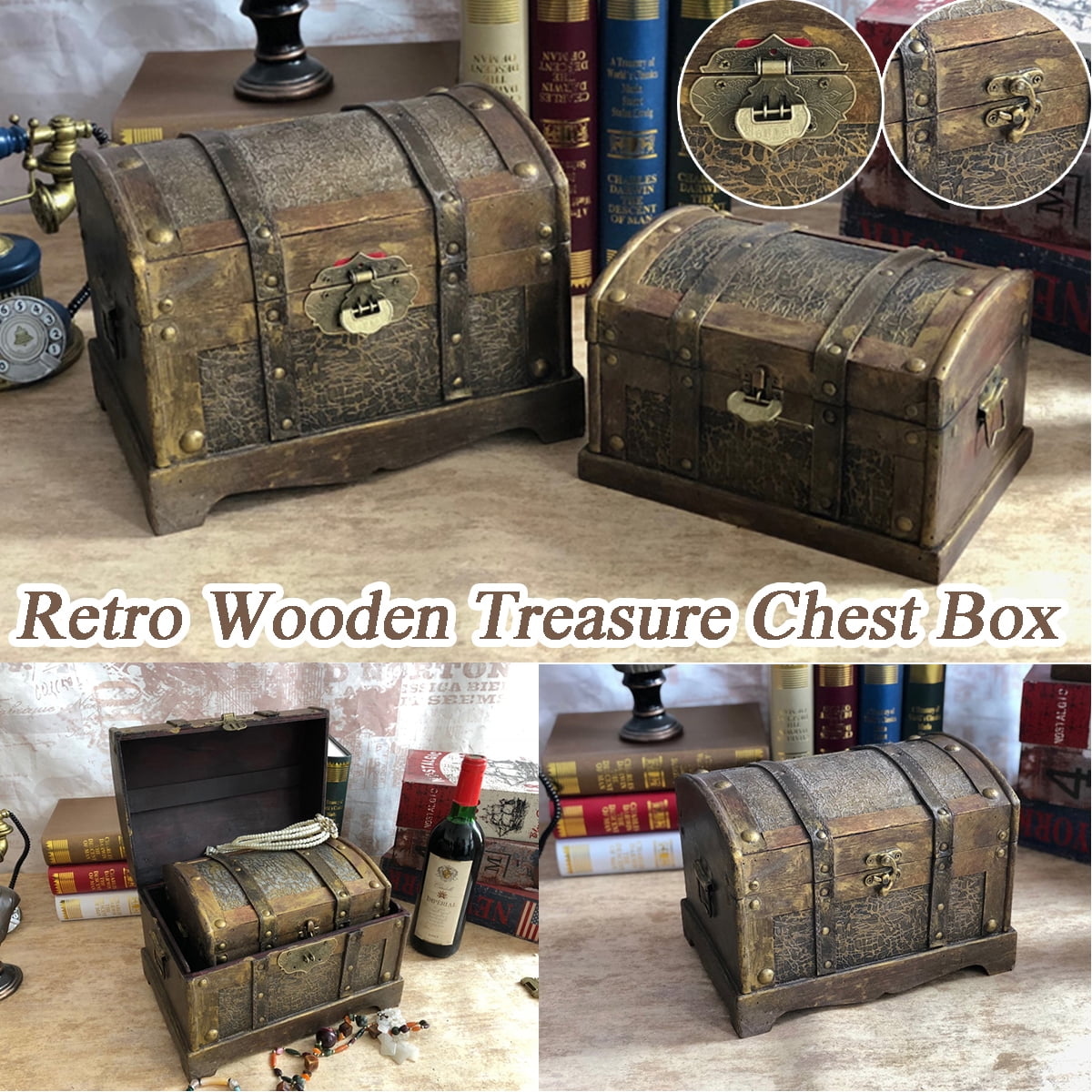 Wooden Pirate Treasure Chest Box Retro Gem Jewelry Trinket Keepsake Case Storage